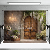 Aperturee - Aperturee Rustic Wooden Door Photography Backdrop with Chandelier French Country Floral Elegant Wedding Photo Background